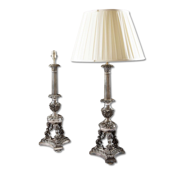 Pair Of Large Silvered Column Lamps, Neo Renaissance silver plate design, circa 1880, England, 53cm tall with lampshade.