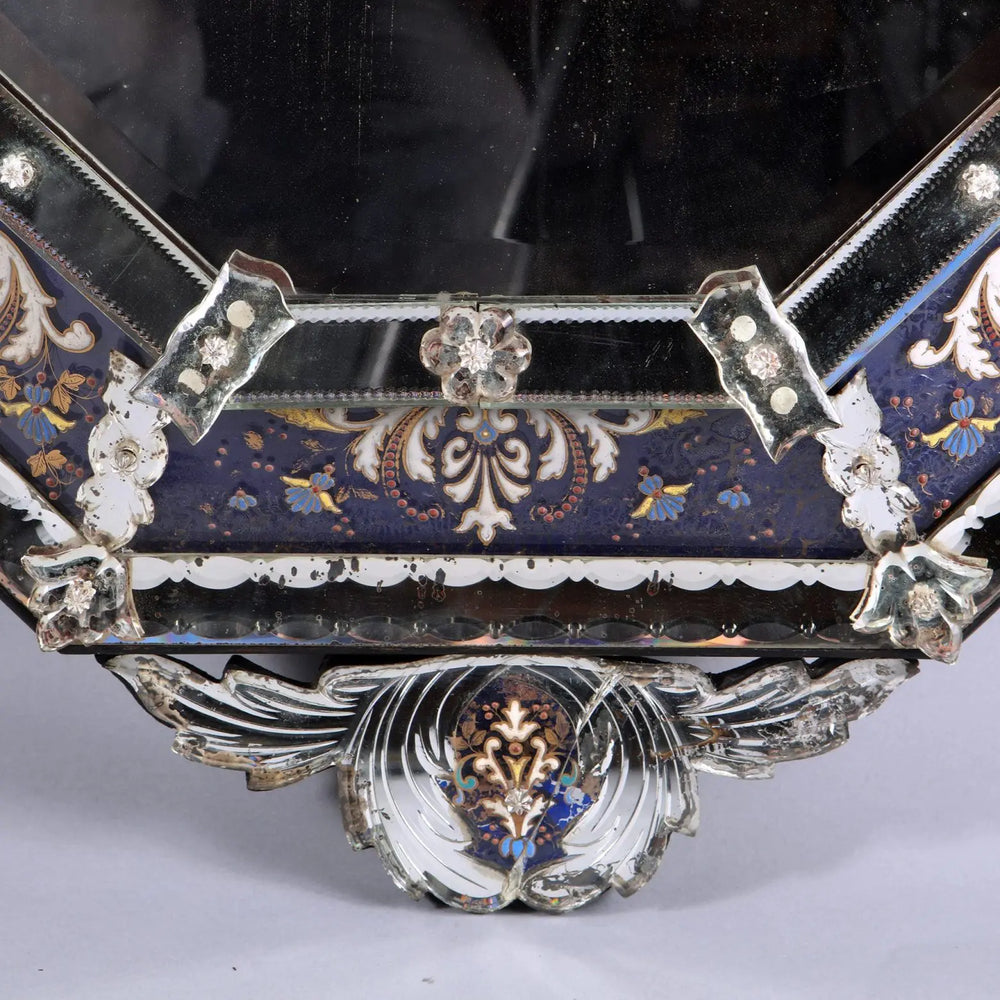 19th Century Venetian Blue Eglomise Wall Mirror with intricate polychrome enamel detailing and ornate cut glass frame