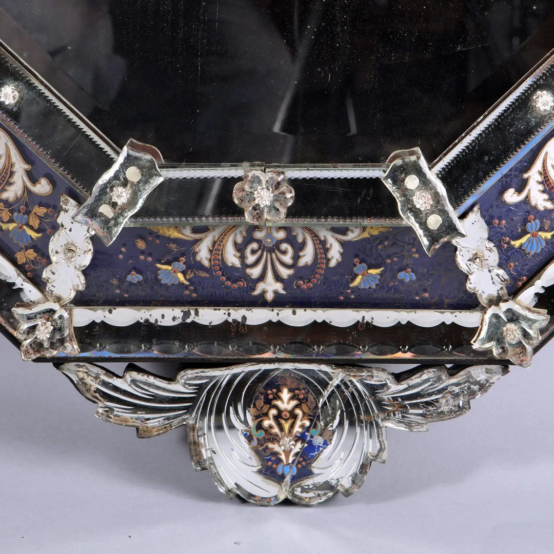 19th Century Venetian Blue Eglomise Wall Mirror with intricate polychrome enamel detailing and ornate cut glass frame
