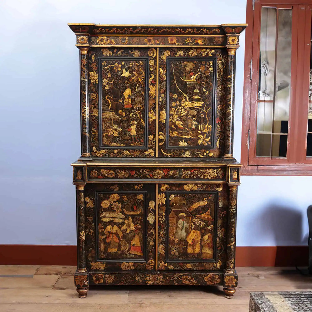 English Regency Black Japanned Chinoiserie Secretaire Cabinet with gold and red raised detailing, circa 1810.