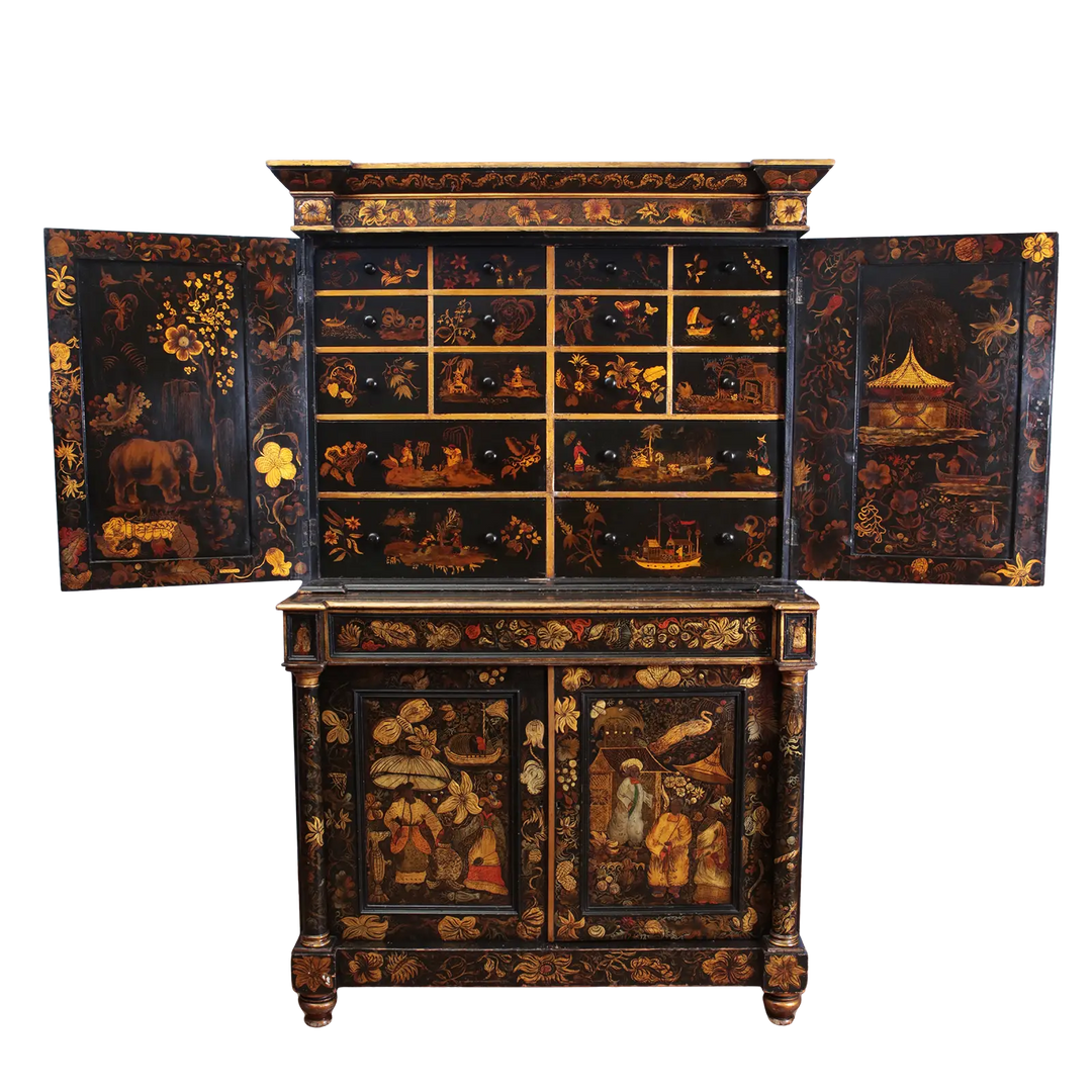 English Regency Black Japanned Chinoiserie Secretaire Cabinet with intricate gold and red raised detailing, circa 1810.