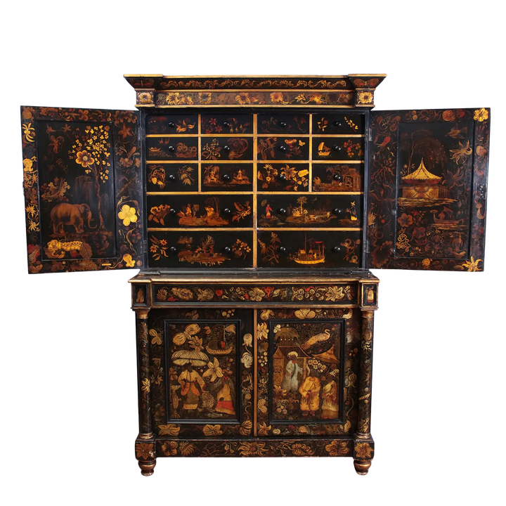 English Regency Black Japanned Chinoiserie Secretaire Cabinet with intricate gold and red raised detailing, circa 1810.