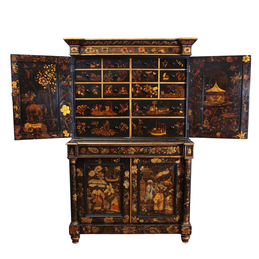English Regency Black Japanned Chinoiserie Secretaire Cabinet with intricate gold and red raised detailing, circa 1810.