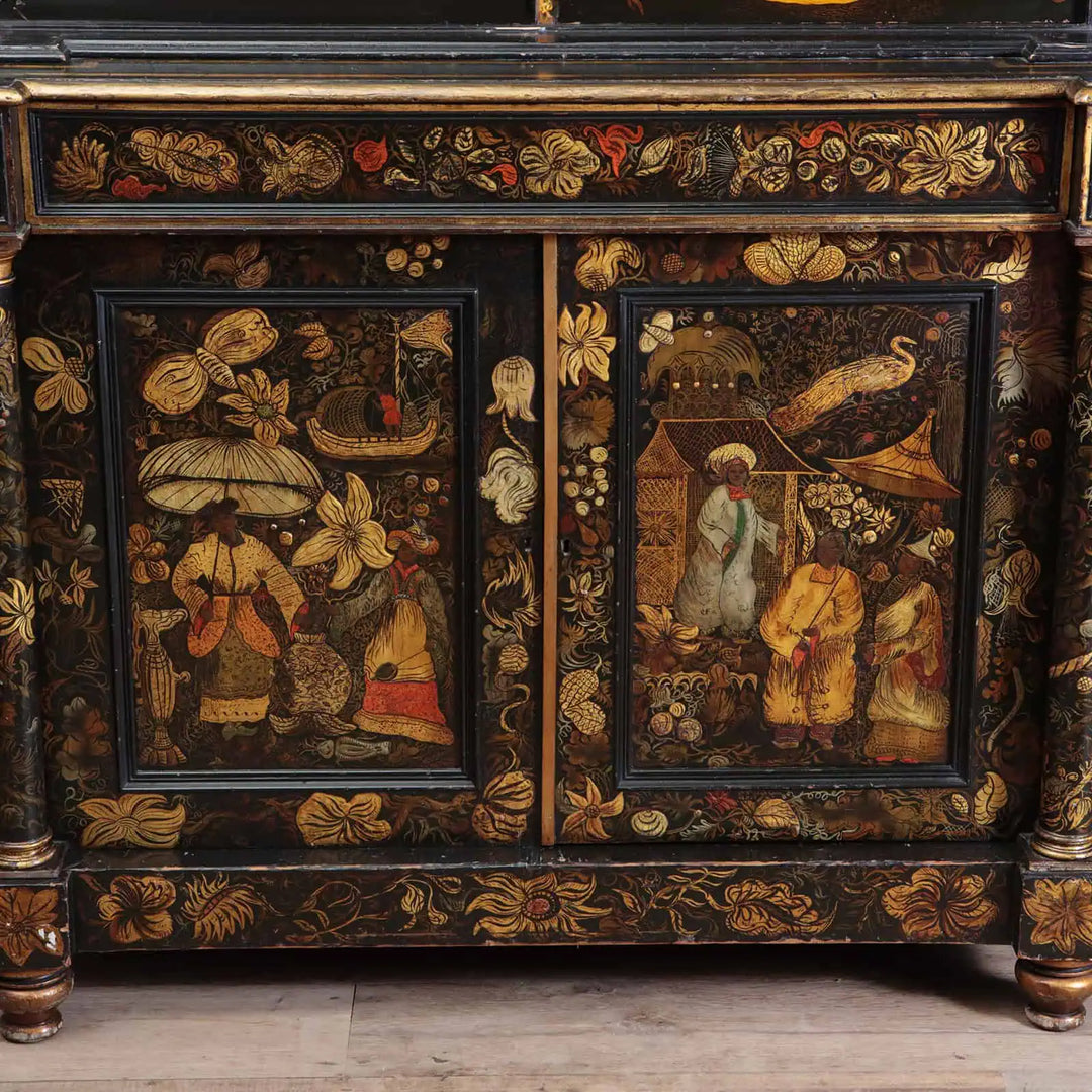 English Regency Black Japanned Chinoiserie Secretaire Cabinet with intricate gold and red raised detailing circa 1810.