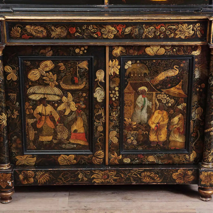 English Regency Black Japanned Chinoiserie Secretaire Cabinet with intricate gold and red raised detailing circa 1810.