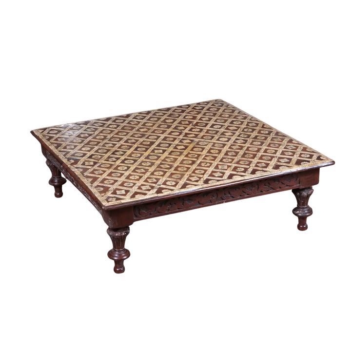 Antique Indian Bone Inlaid Low Table with 19th-century engraved bone floral inlay and carved wooden legs, 63cm square top.