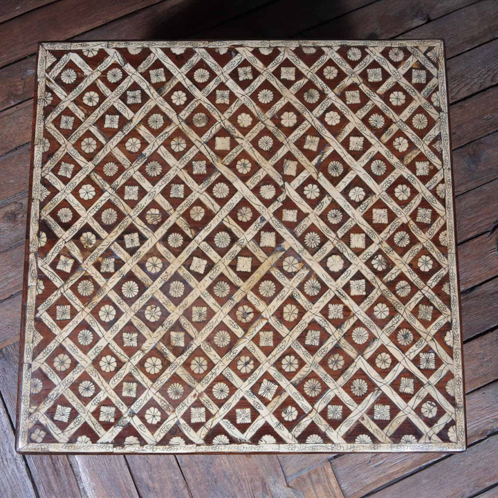 Antique Indian Bone Inlaid Low Table with 19th-century floral bone inlay and carved wooden frame, 63cm square top.