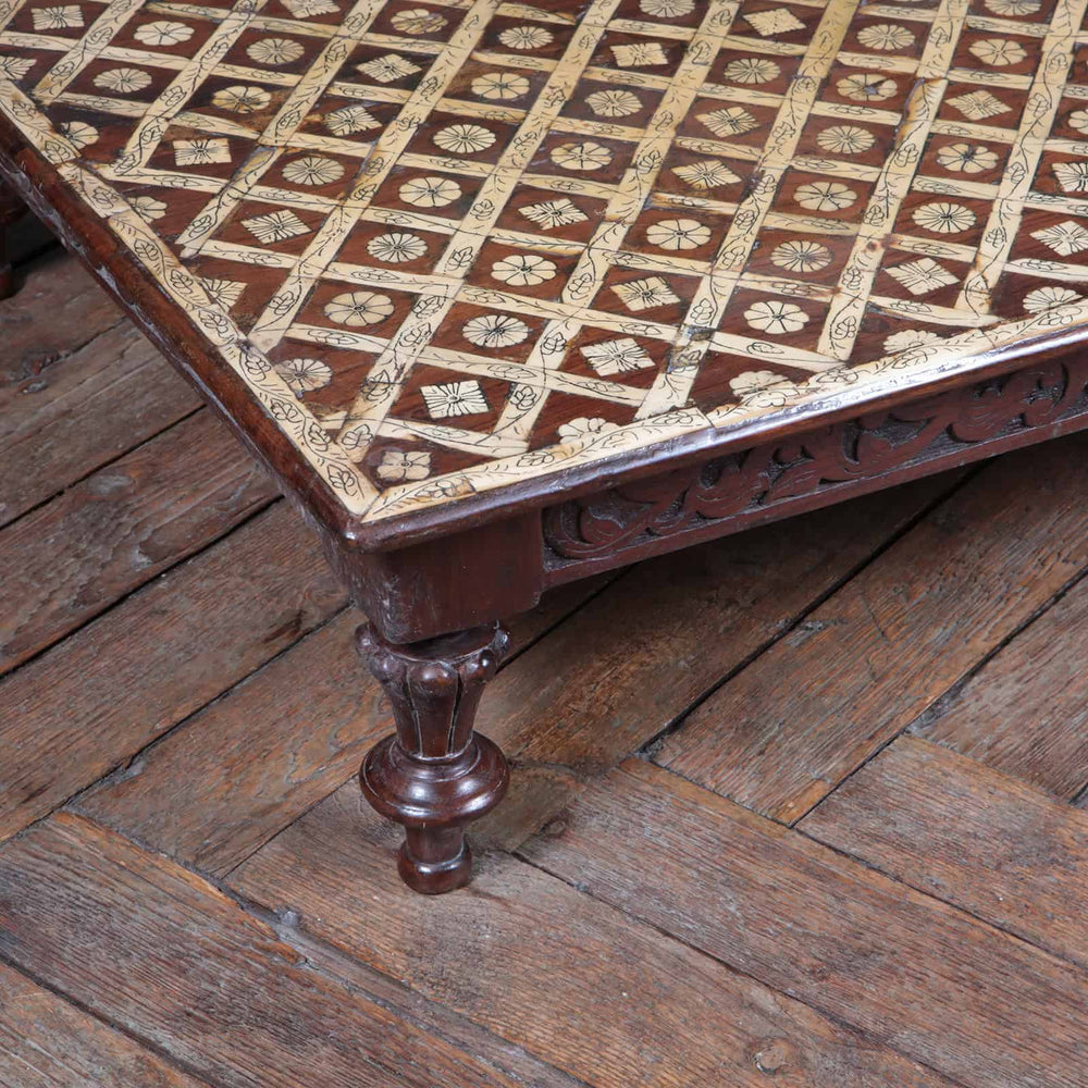 Antique Indian Bone Inlaid Low Table with square top, engraved bone inlay, floral details, and carved legs circa 1875.