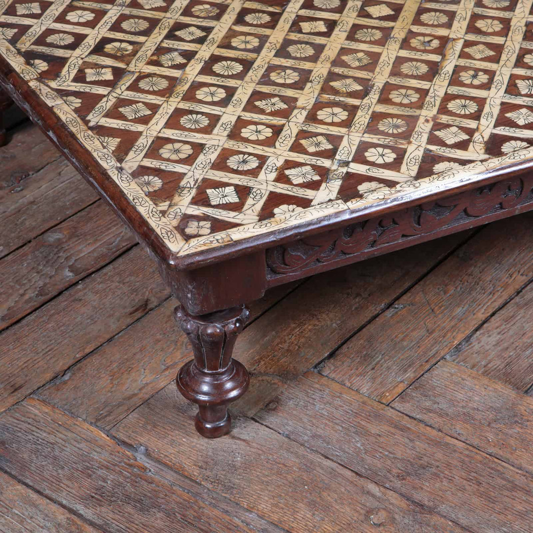 Antique Indian Bone Inlaid Low Table with square top, engraved bone inlay, floral details, and carved legs circa 1875.