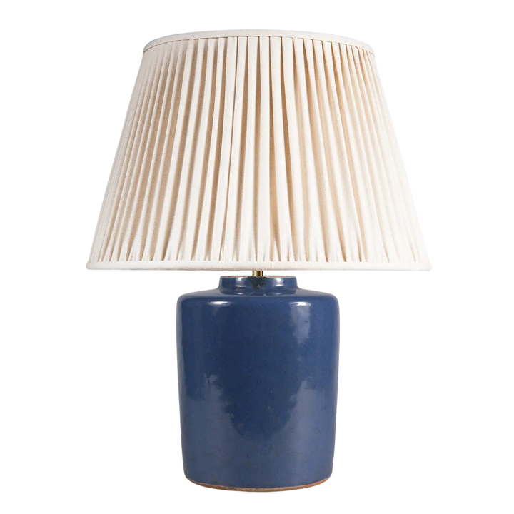 Powder Blue Chinese Table Lamp with ceramic powder blue vase base and cream pleated lampshade, 27 cm height.