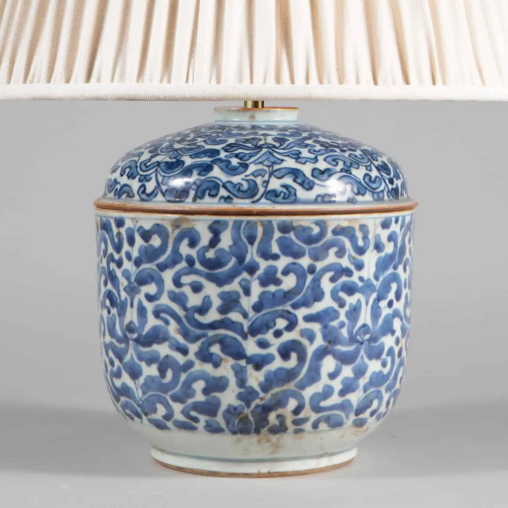 Kangxi Blue and White Porcelain Cachepot Table lamp with intricate cobalt floral patterns on rounded vintage porcelain base.