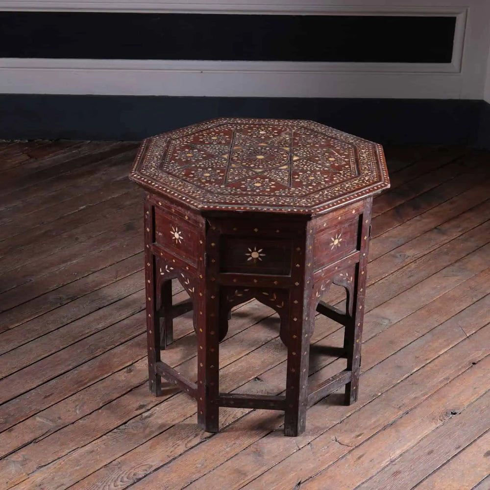 Hoshiarpur Folding Octagonal End Table dark wood with intricate bone inlay floral and geometric patterns vintage Indian table