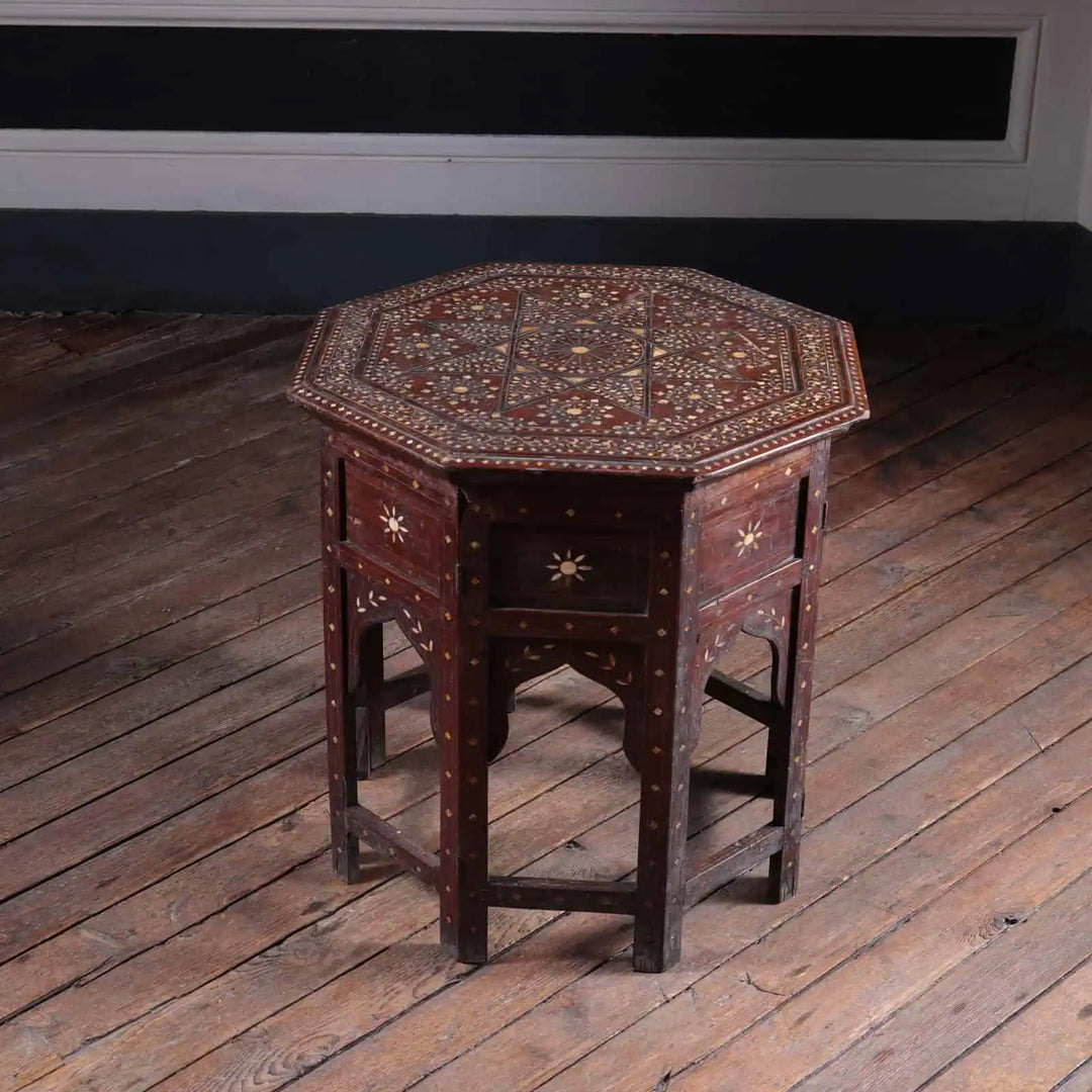 Hoshiarpur Folding Octagonal End Table dark wood with intricate bone inlay floral and geometric patterns vintage Indian table