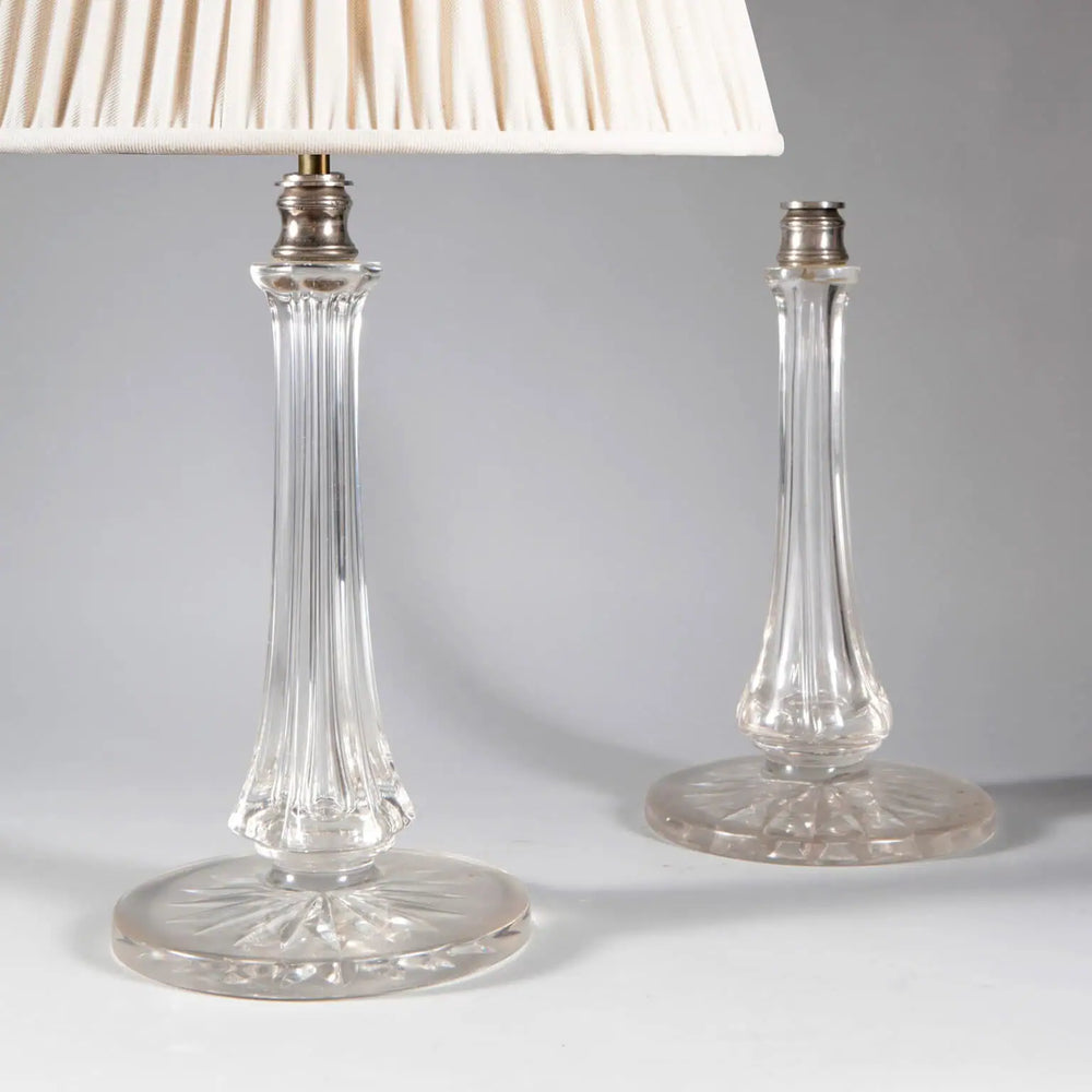 Pair of Clear Glass Column Lamps by Osler, clear glass with silver metal fittings, 33 cm tall, vintage circa 1860 England.