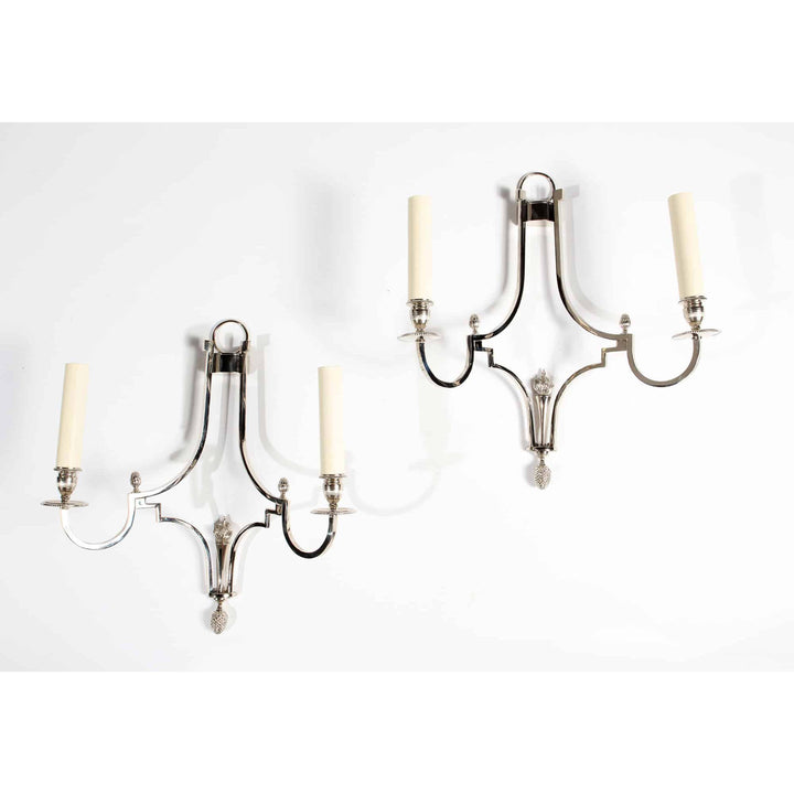 Pair of Chrome Two Branch Art Deco Wall Lights After Maison Charles