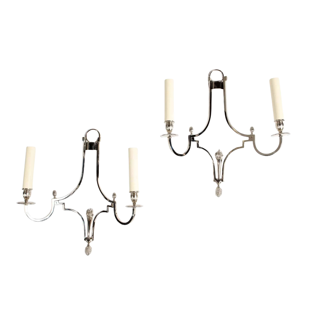 Pair of Chrome Two Branch Art Deco Wall Lights After Maison Charles