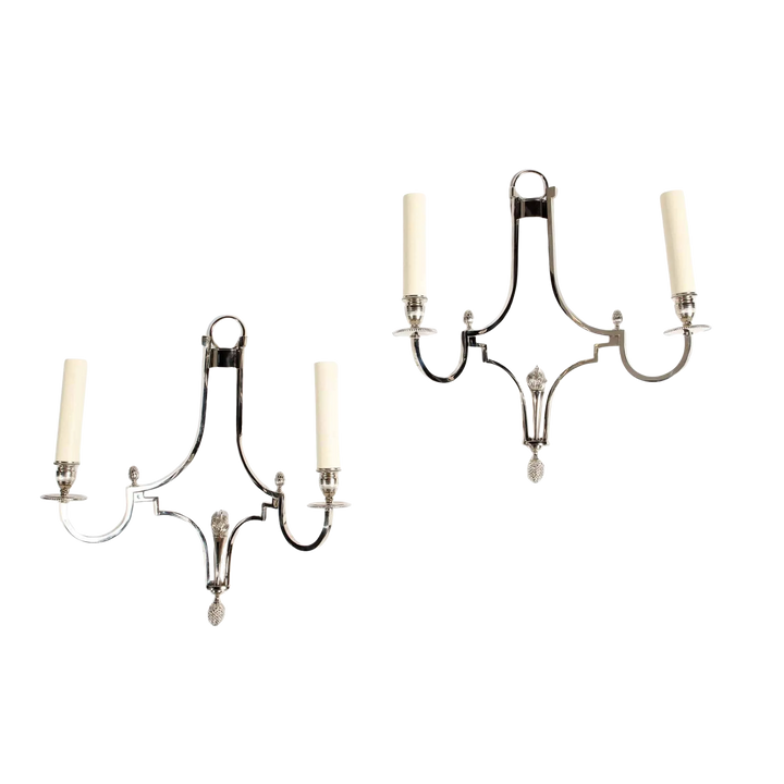 Pair of Chrome Two Branch Art Deco Wall Lights After Maison Charles