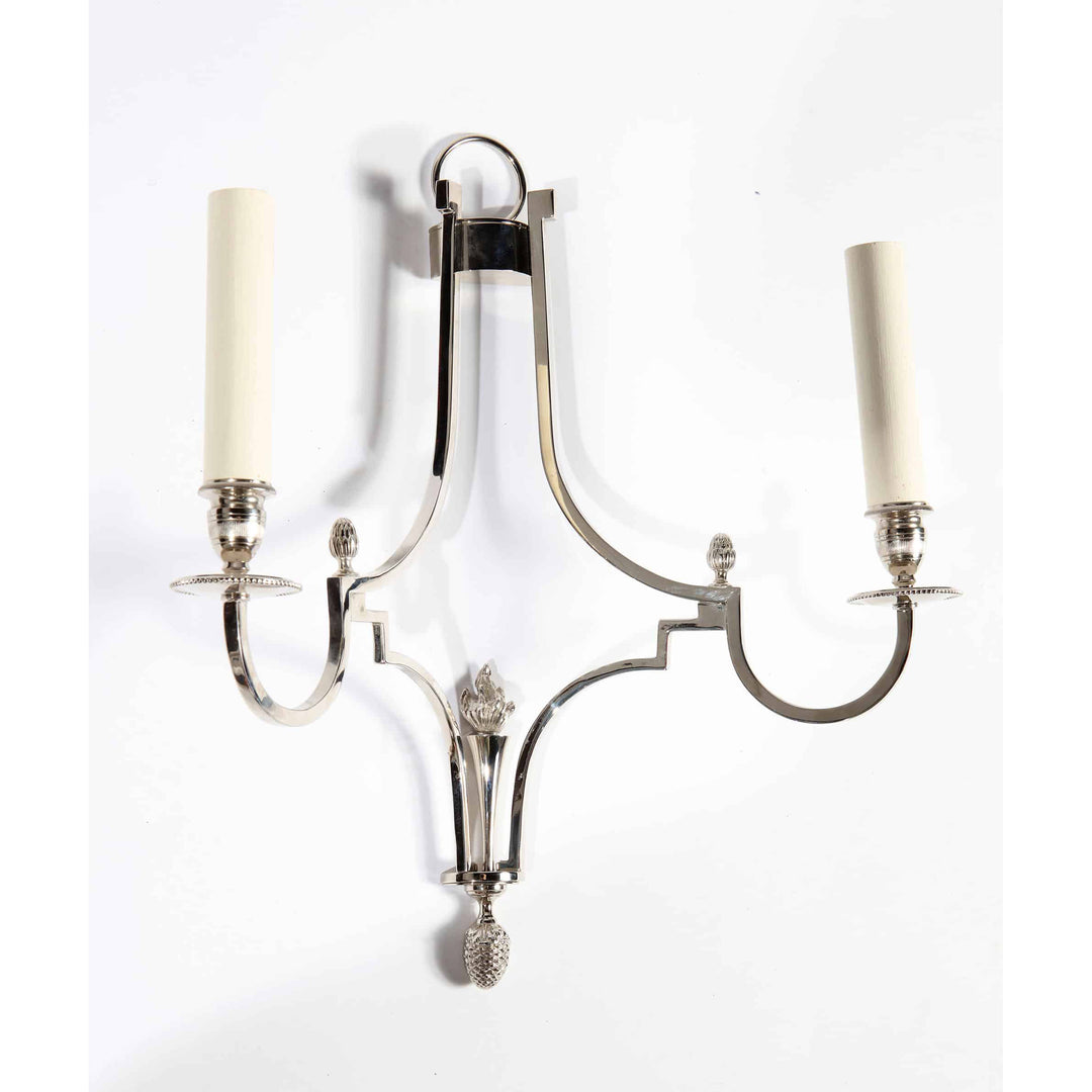 Pair of Chrome Two Branch Art Deco Wall Lights After Maison Charles