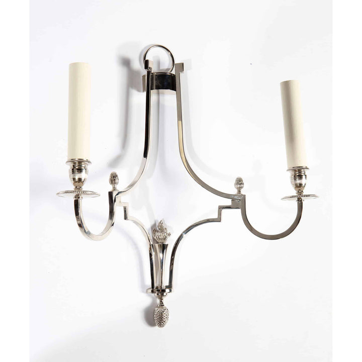 Pair of Chrome Two Branch Art Deco Wall Lights After Maison Charles