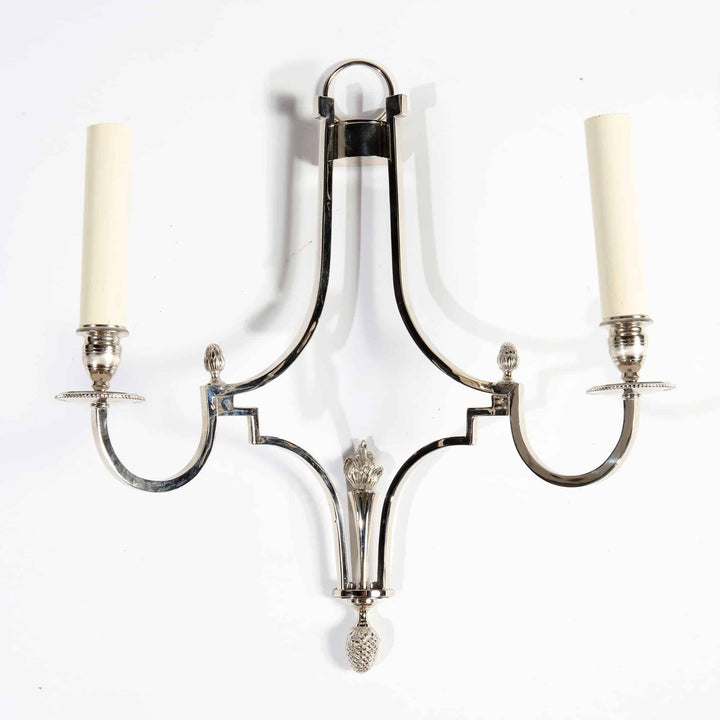Pair of Chrome Two Branch Art Deco Wall Lights After Maison Charles