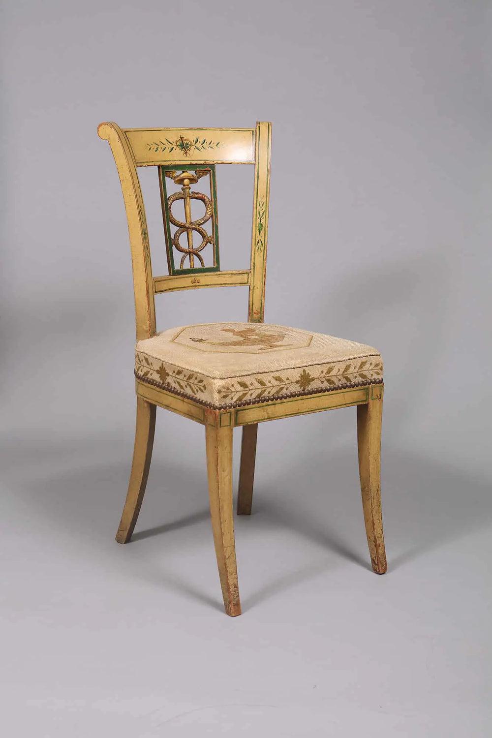 Regency side chair in cream and green with classical motifs and needlework upholstery from Collection TH20
