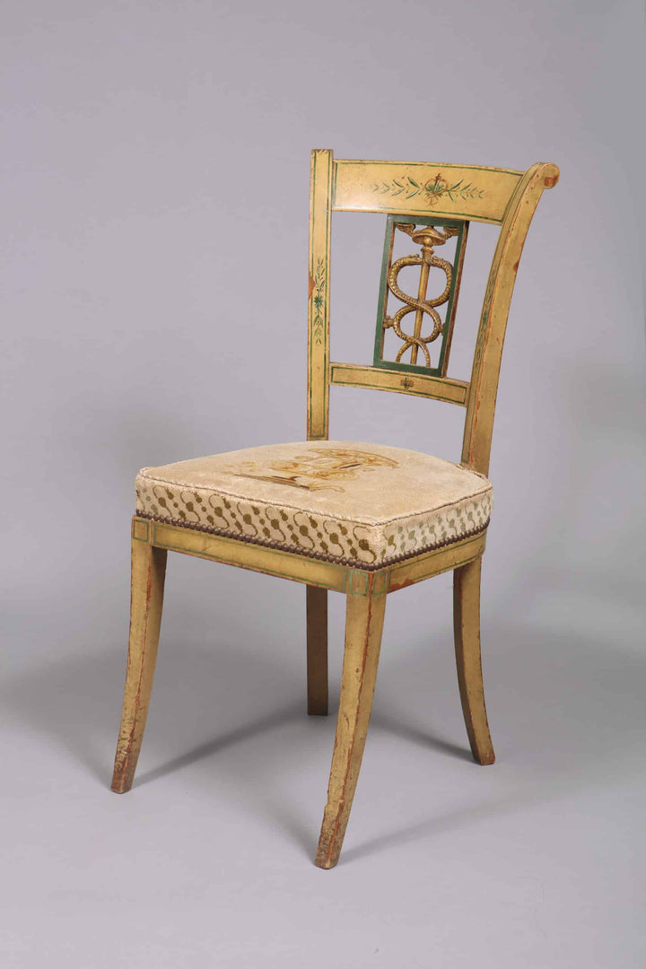 Regency side chair in cream and green with needlework seat, classical motifs by Collection TH20 vintage furniture.