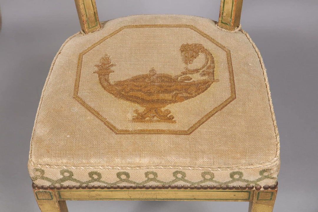 Regency side chair seat with original needlework upholstery featuring a classical motif by Collection TH20