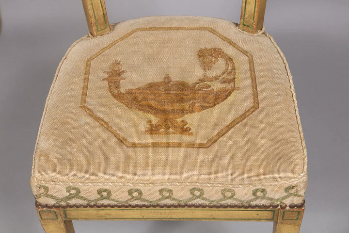Regency side chair seat with original needlework upholstery featuring a classical motif by Collection TH20