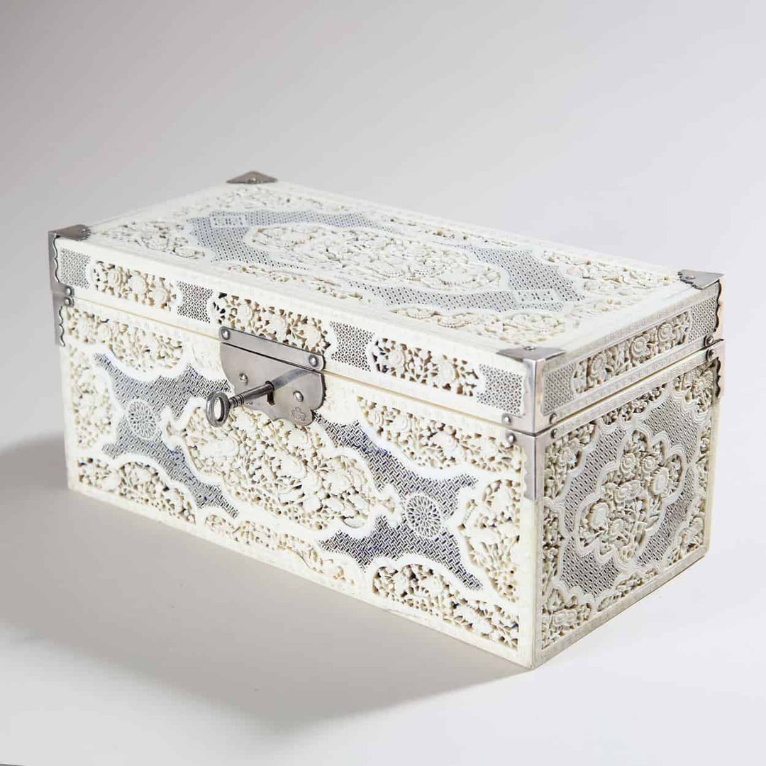 Chinese Carved and Pierced Ivory Rectangular Tea Chest