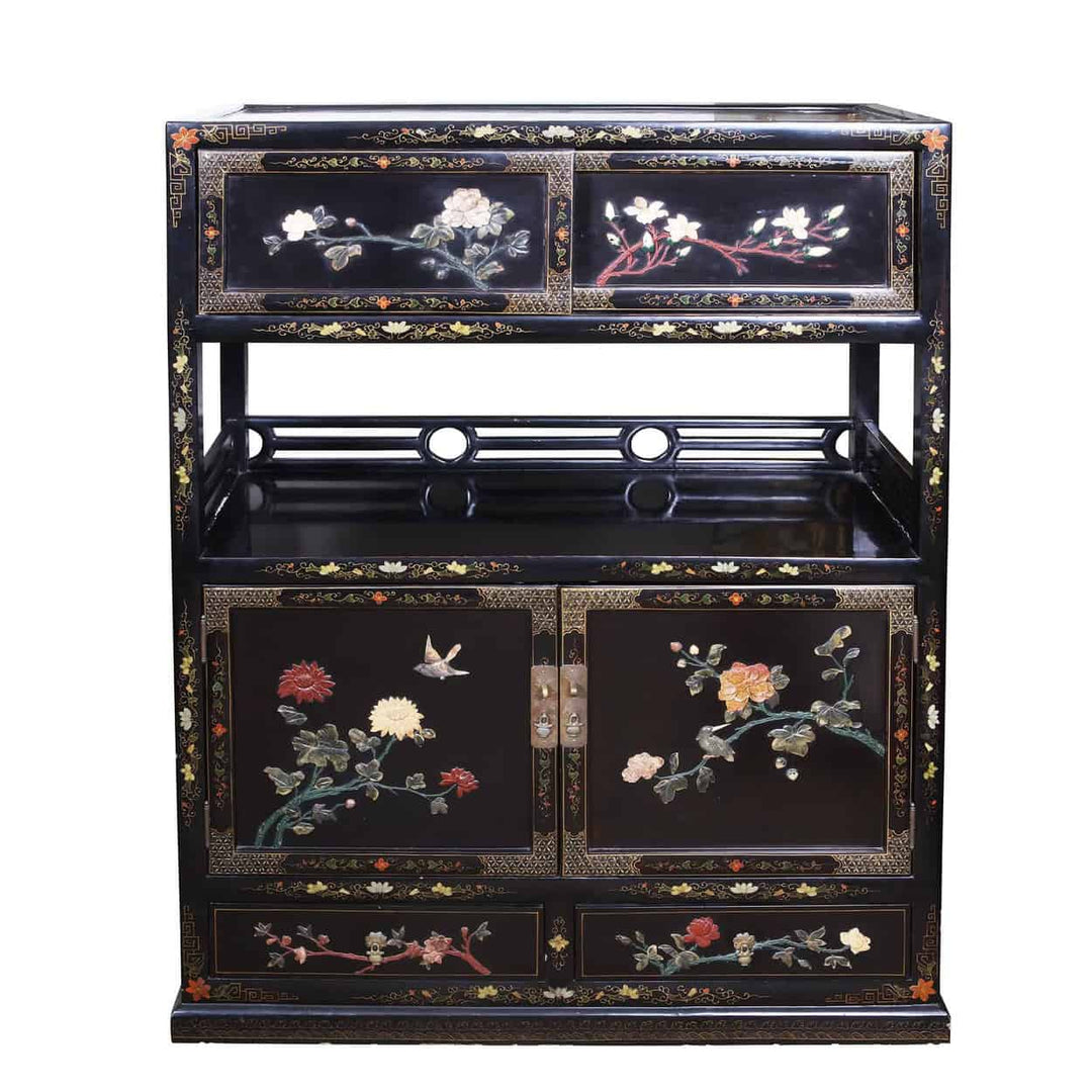 Qing Dynasty Chinese Black Lacquer Hardstone Inlaid Cabinet