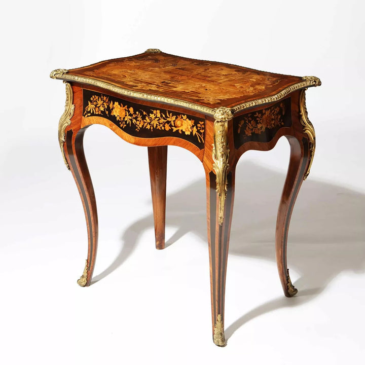 Exceptional 19th Century Marquetry Table with intricate fountain scene, gilt bronze mounts, curved cabriole legs, and floral marquetry panels.
