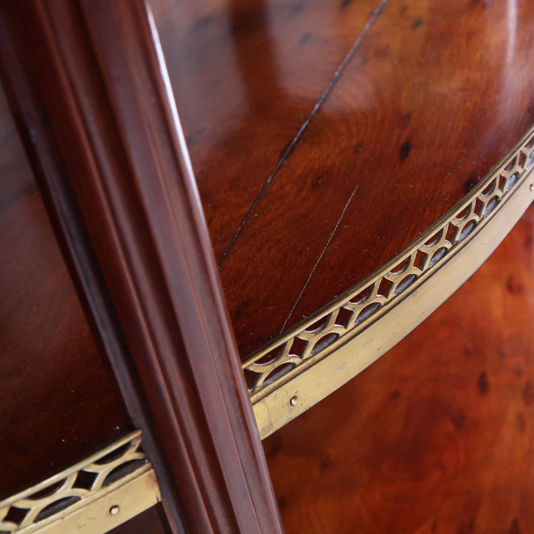 Louis XVI Style Acajou Moucheté Demi Lune Console Desserte with pierced brass rails and fluted legs close-up detail.