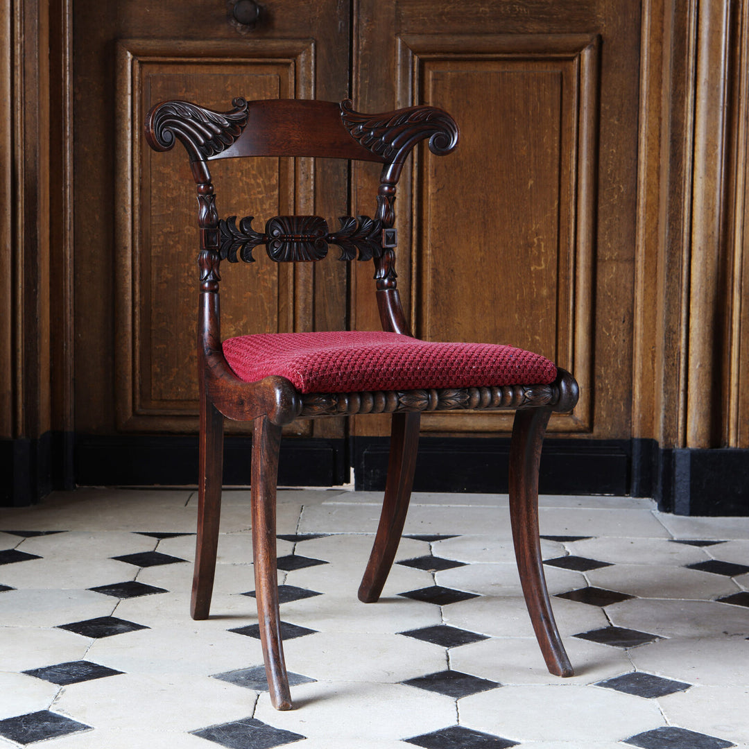 Regency side chair by Collection EE30 with mahogany frame and red upholstered seat in neoclassical style