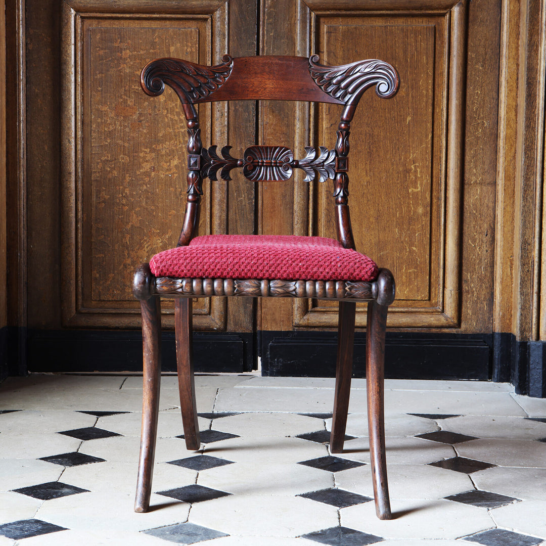 Regency side chair with carved mahogany frame and red upholstered seat from Collection EE30.