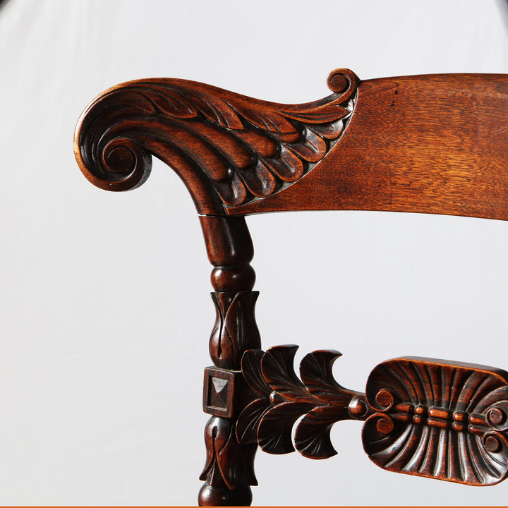 Close-up of intricately carved Regency side chair back in mahogany from Collection EE30, showcasing detailed craftsmanship.