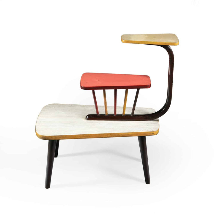 Pair of mid century three tier end tables in bent wood with polychrome Formica tiers on turned tapering legs.