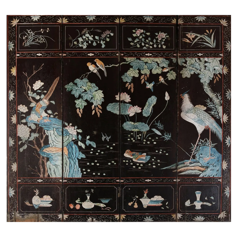 Early 19th century four fold Chinese lacquer screen with bird and floral motifs by Collection TH20