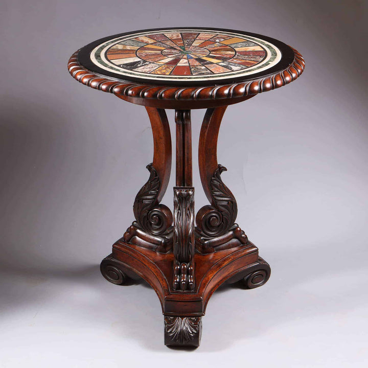 Regency Specimen Marble Centre Table with intricate marble top and carved wooden base from England, circa 1820.