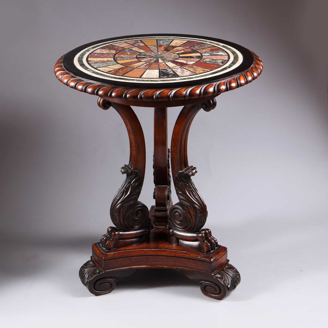 Regency Specimen Marble Centre Table with intricate marble top and carved wooden base, circa 1820, England and Italy.