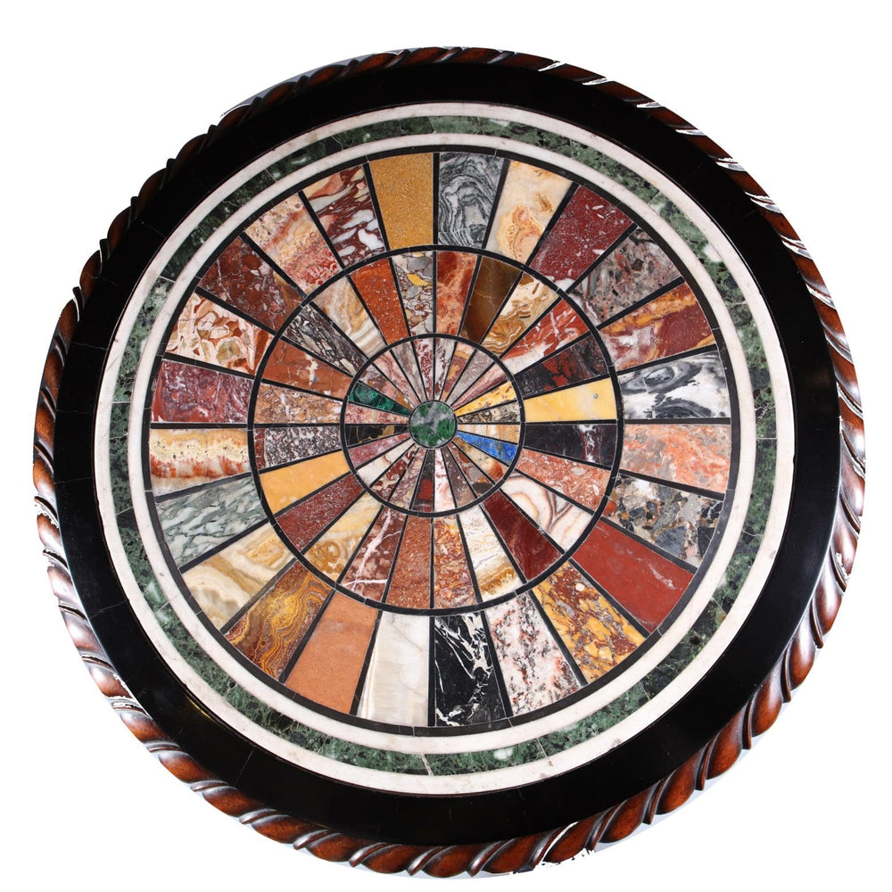 Regency Specimen Marble Centre Table with intricate multicolored marble inlay and carved wooden edge, circa 1820.
