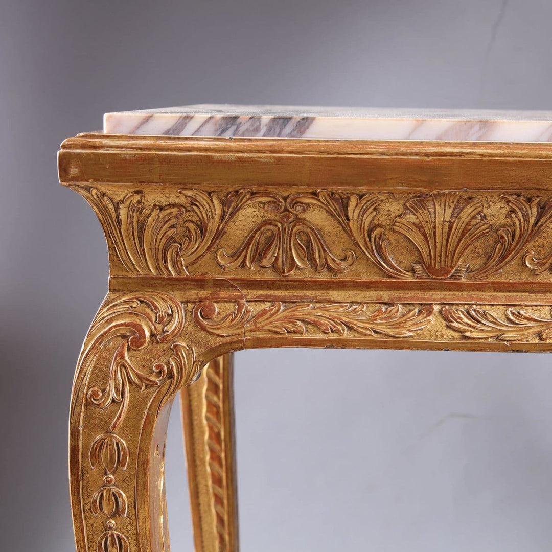George I Gilt Gesso Side Table with intricate carvings and marble top, 19th Century English antique furniture.