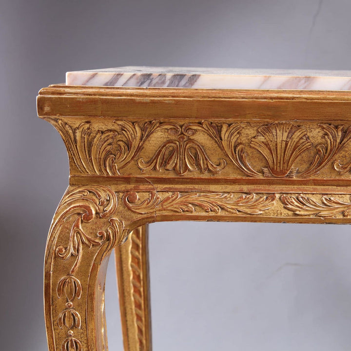 George I Gilt Gesso Side Table with intricate carvings and marble top, 19th Century English antique furniture.