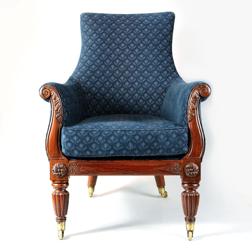 Regency lyre form rosewood library chair with blue upholstery by Collection CK20, circa 1820, elegant neoclassical design.