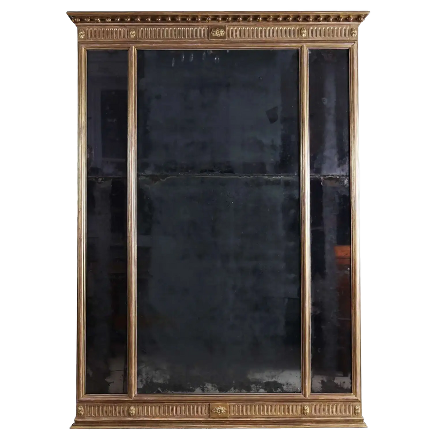 George III Three-plate Giltwood Overmantel Mirror, late 18th century neo-classical giltwood design, 146 cm height, 106 cm width.