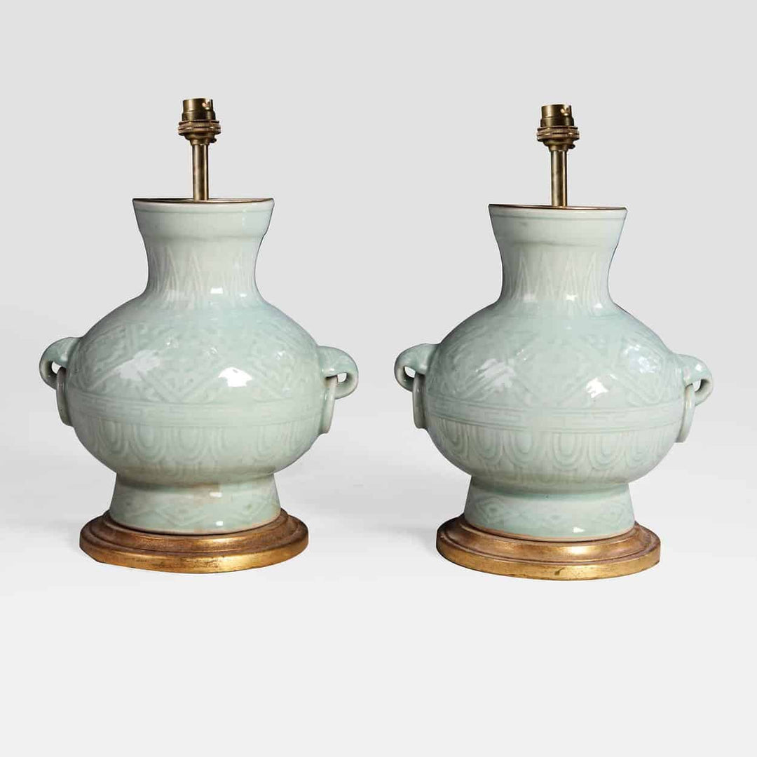 Pair of Small Chinese Celadon Green Table Lamps