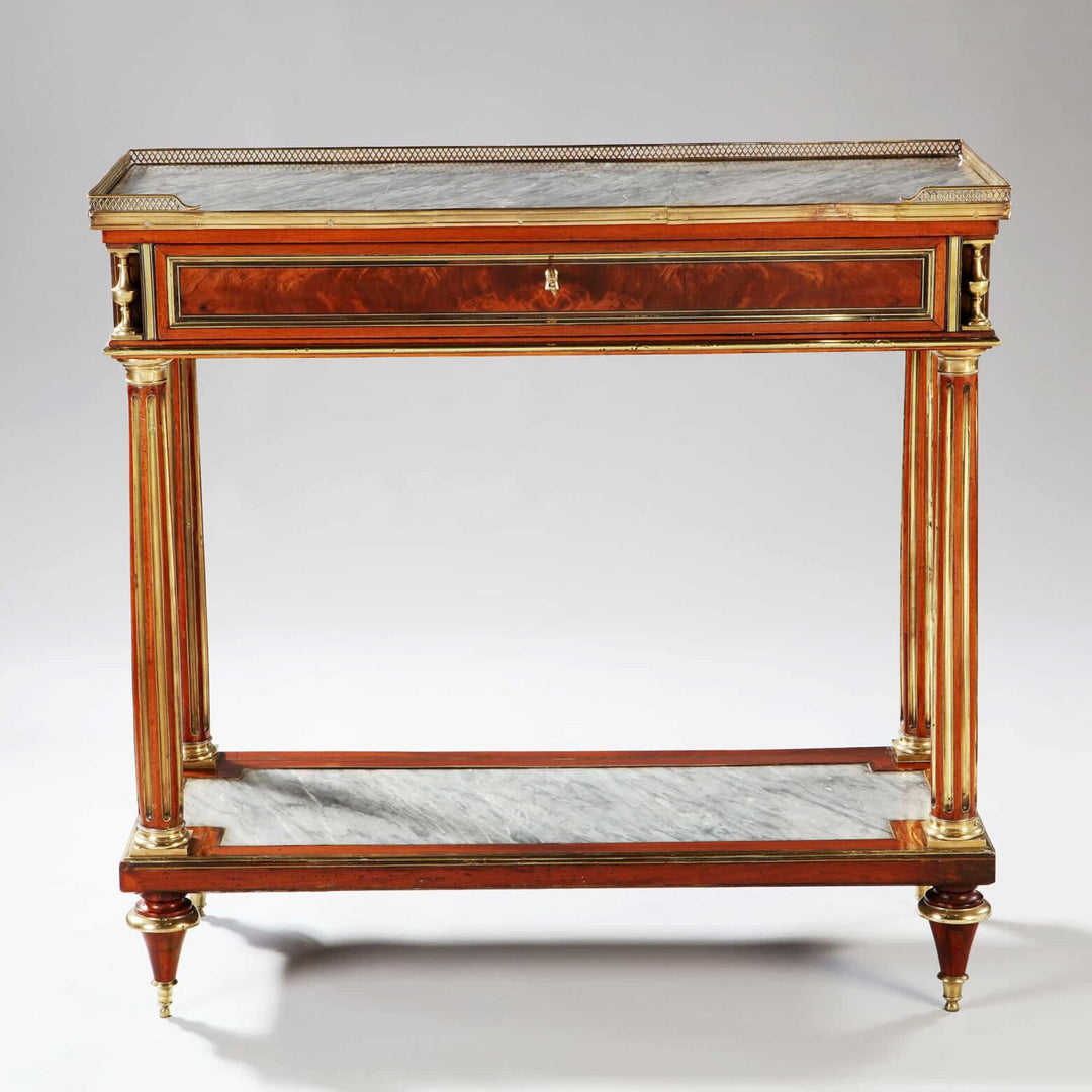 Late 18th century Louis XVI French Console Dessert with brass gallery, marble top, and fluted legs circa 1790.