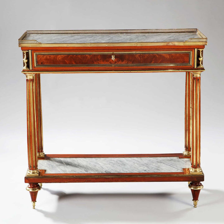 Late 18th century Louis XVI French Console Dessert with brass gallery, marble top, and fluted legs circa 1790.