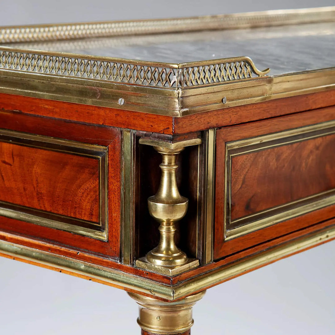 Late 18th century Louis XVI French Console Dessert with brass gallery and flame mahogany veneers detail.