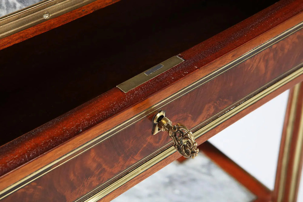 Late 18th century Louis XVI French Console Dessert with flame mahogany veneer and brass detailing, drawer open view