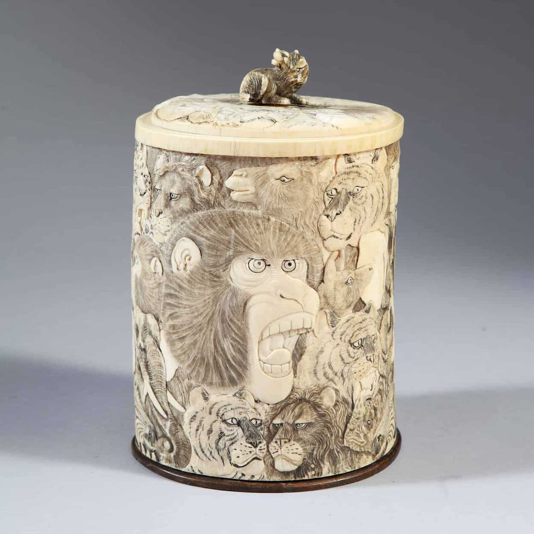 Japanese Meiji Shibayama Tall Ivory Carved Box and Lid